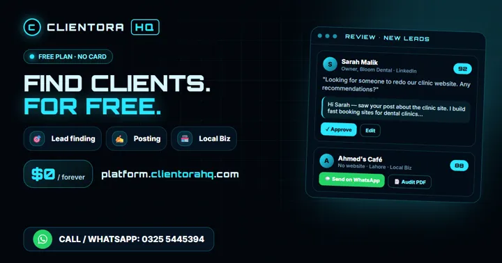ClientoraHQ platform: find clients for free, with a list of new leads asking for a service
