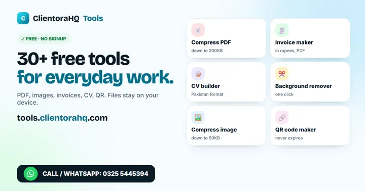 ClientoraHQ Tools: 30+ free tools for everyday work, including PDF compressor, invoice maker, CV builder and background remover